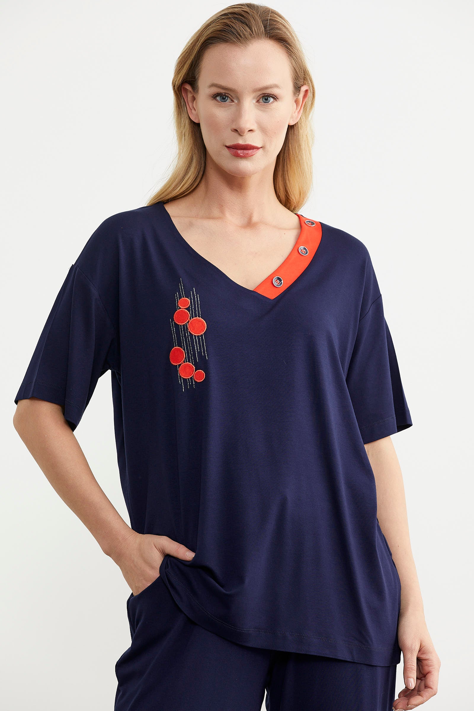 V Yaka Renk Kombinli Penye Takım - Lacivert (2) Sementa