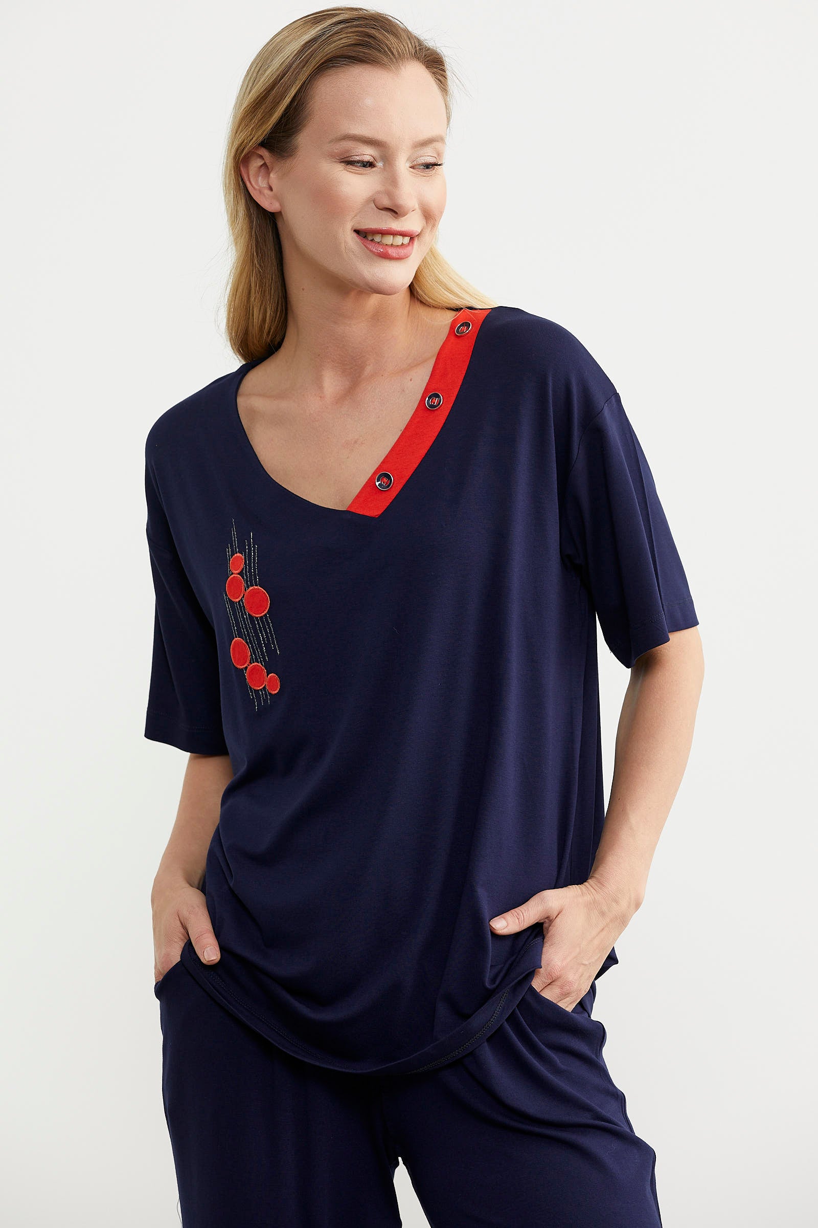 V Yaka Renk Kombinli Penye Takım - Lacivert (3) Sementa