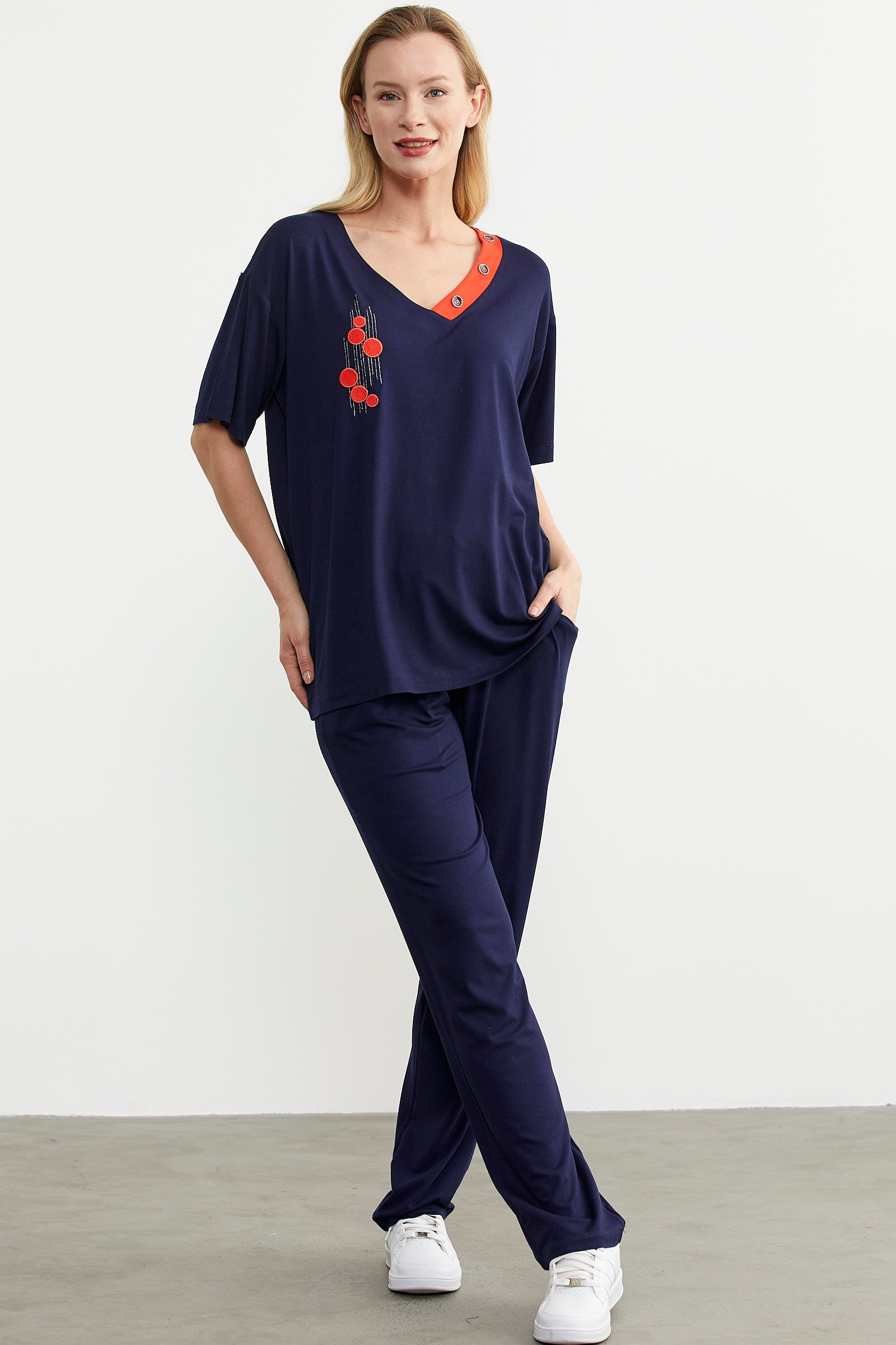 V Yaka Renk Kombinli Penye Takım - Lacivert (4) Sementa