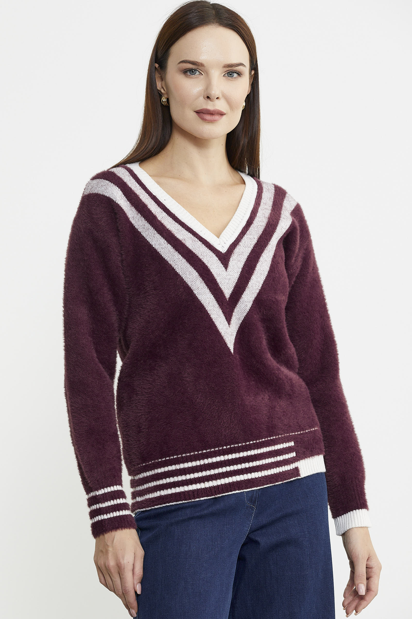 V Yaka Renk Kombinli Triko Kazak - Bordo - Sementa