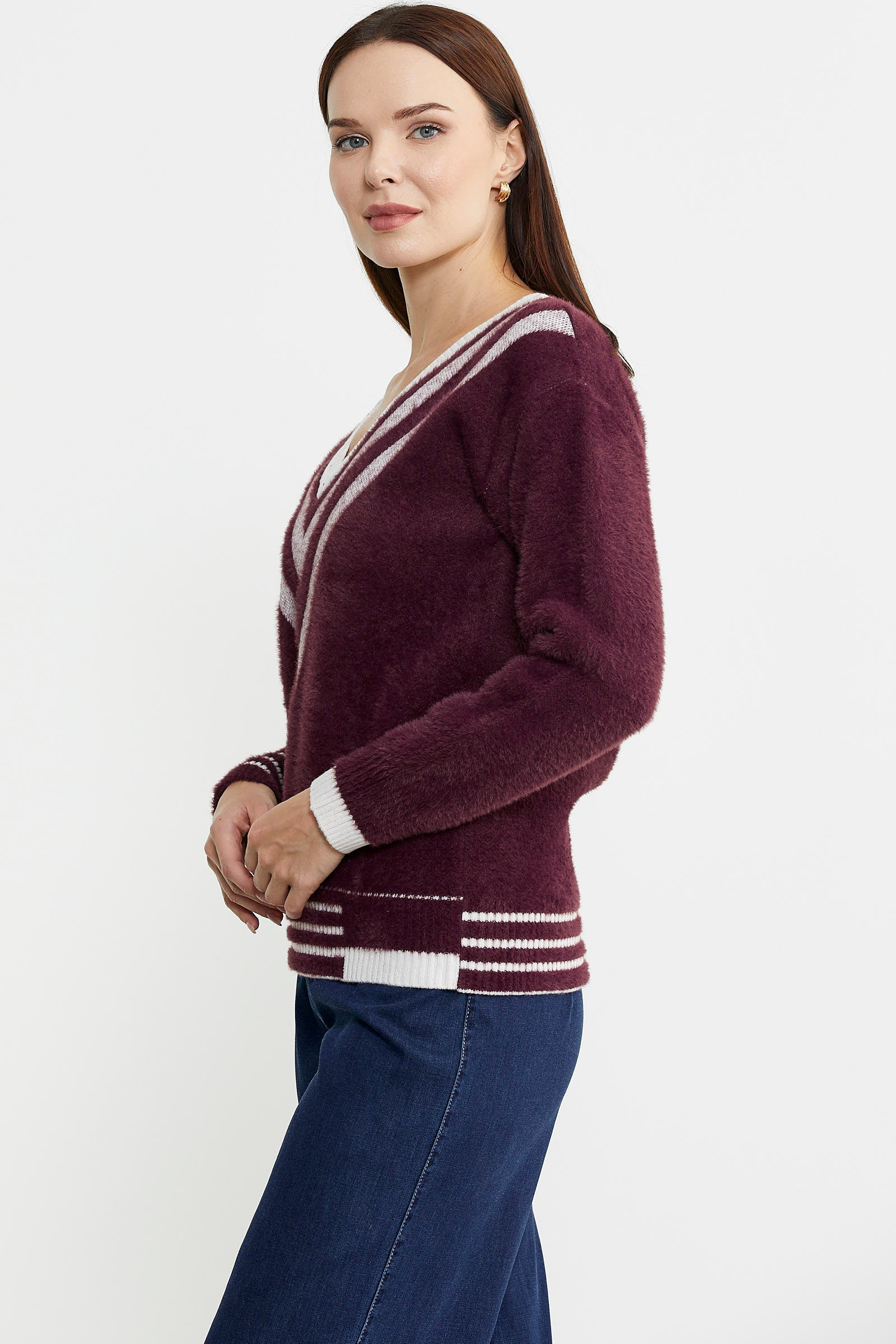 V Yaka Renk Kombinli Triko Kazak - Bordo - Sementa