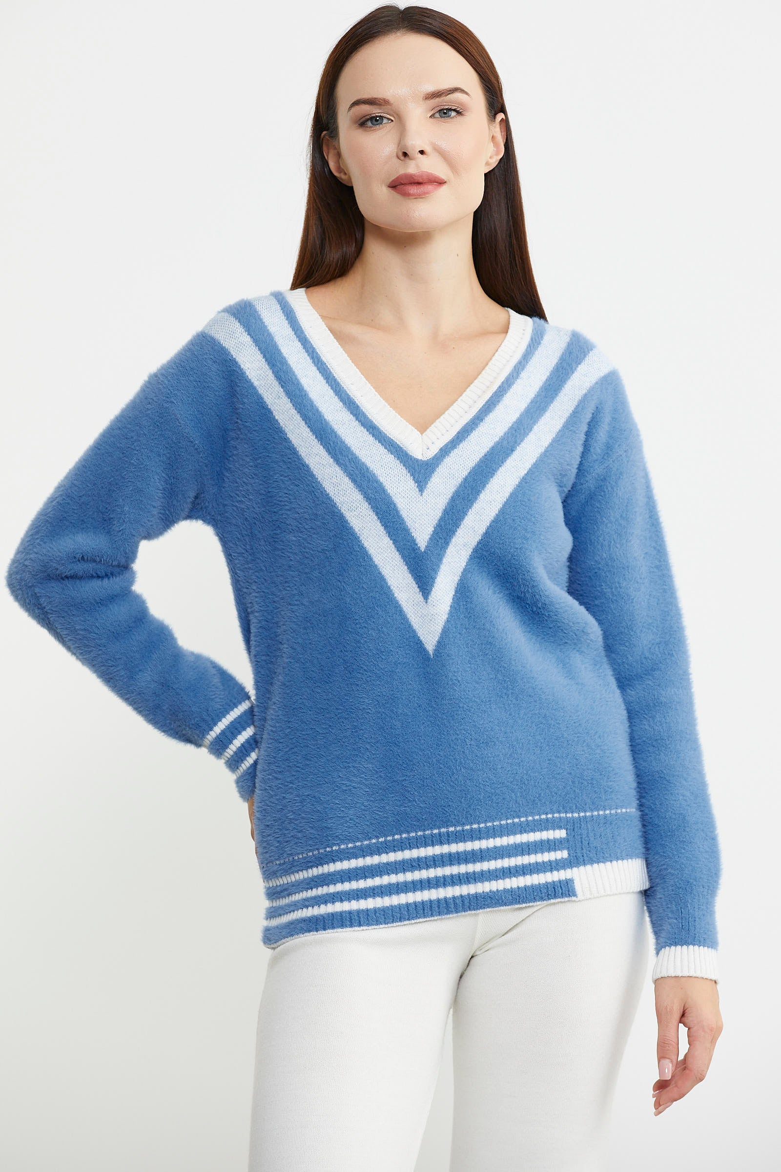 V Yaka Renk Kombinli Triko Kazak - Mavi - Sementa