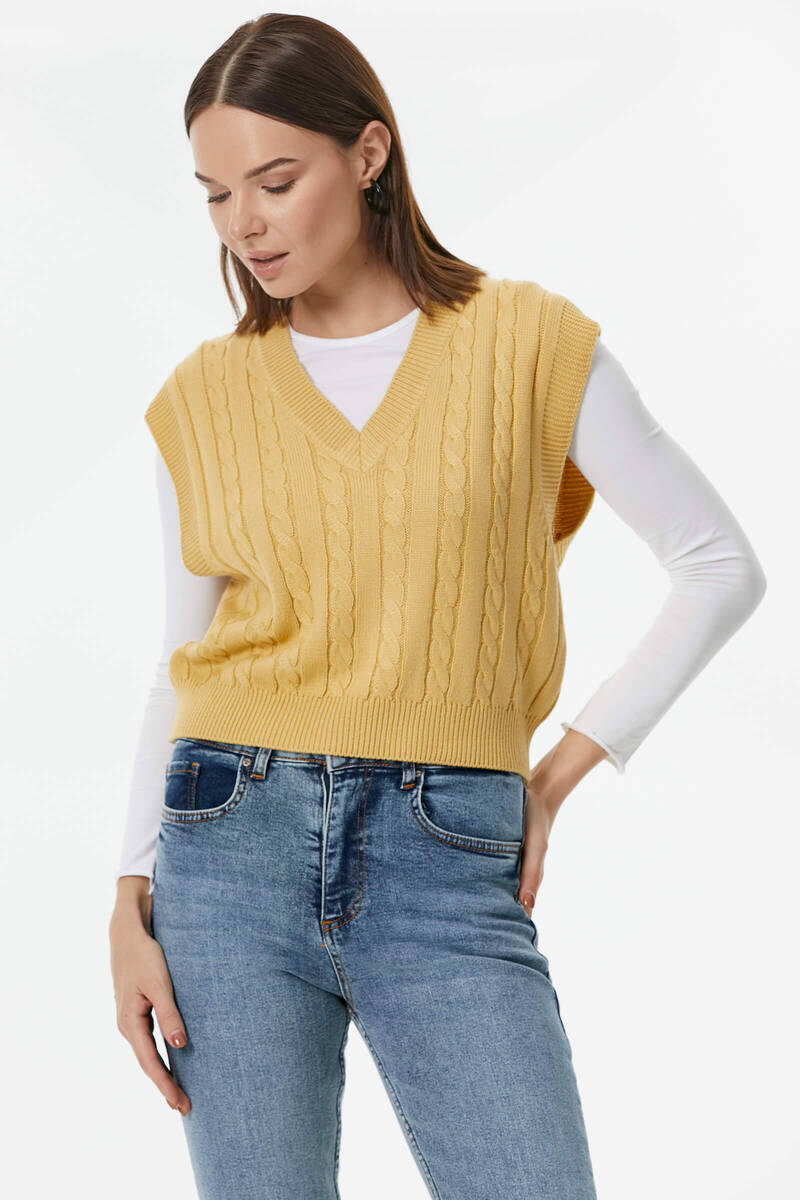 V Yaka Saç Örgülü Triko Süveter - Koyu Sarı (4) Sementa
