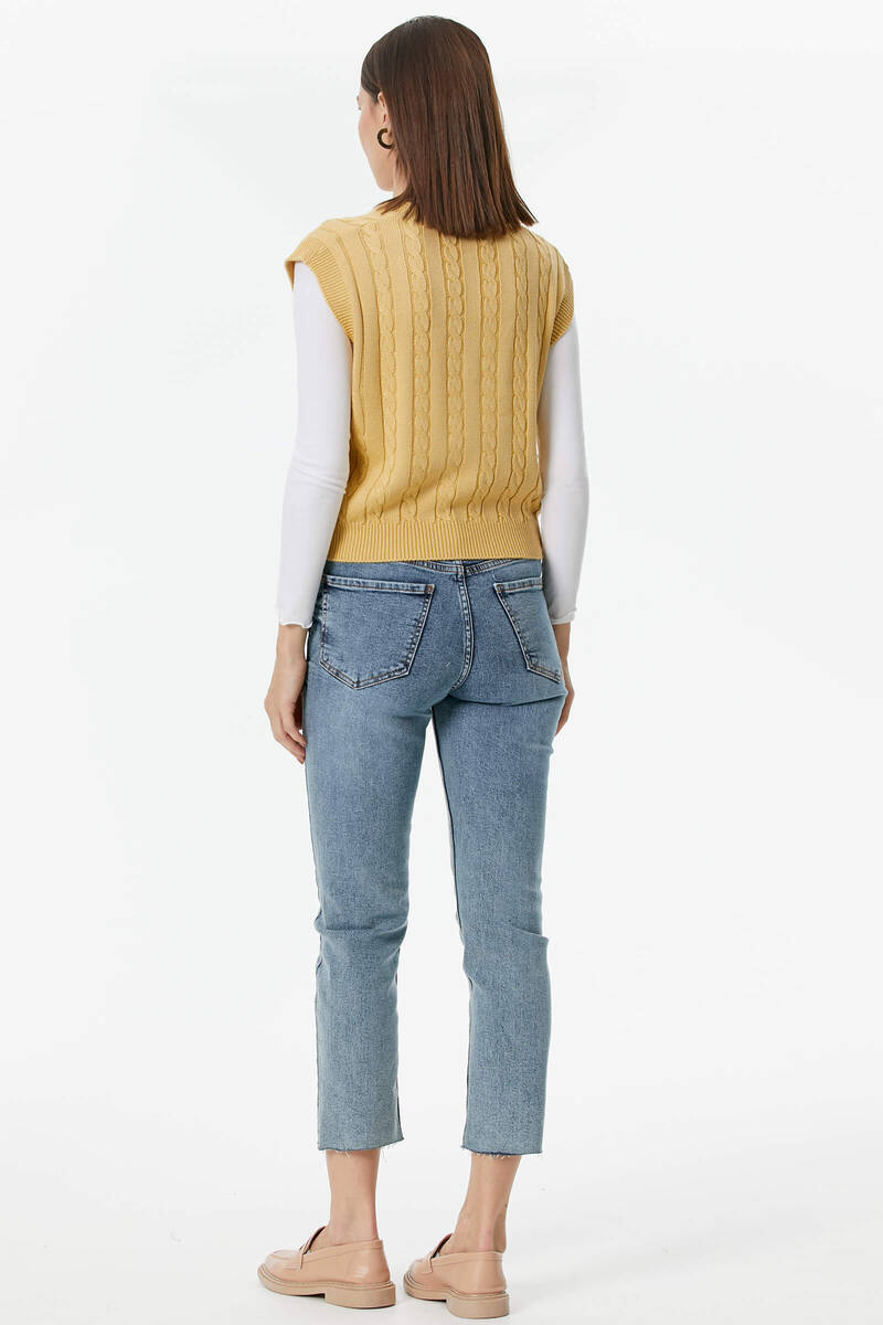 V Yaka Saç Örgülü Triko Süveter - Koyu Sarı (5) Sementa