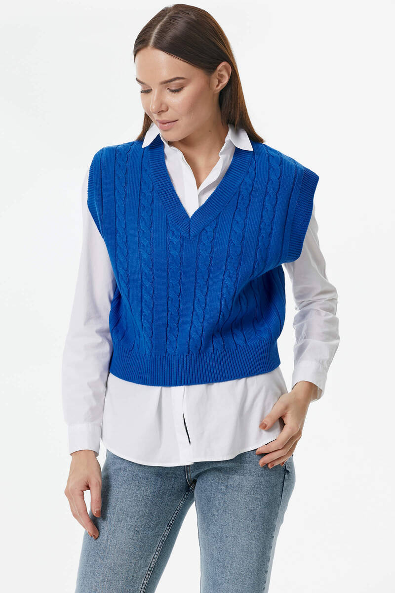 V Yaka Saç Örgülü Triko Süveter - Saks (3) Sementa