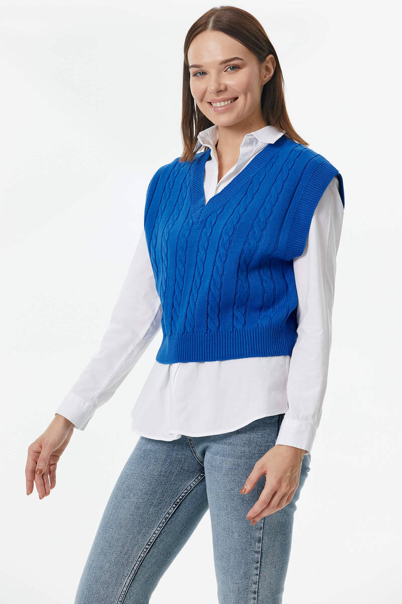 V Yaka Saç Örgülü Triko Süveter - Saks (4) Sementa