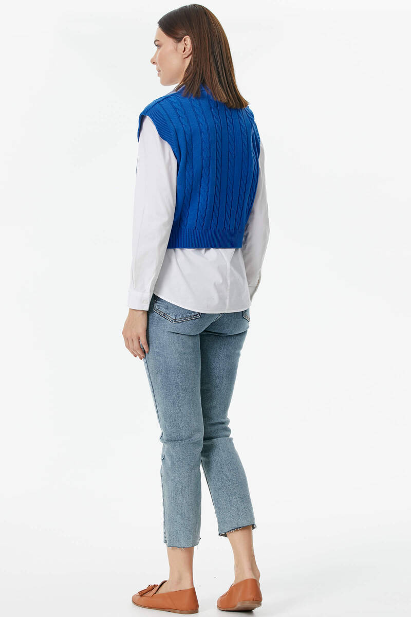 V Yaka Saç Örgülü Triko Süveter - Saks (5) Sementa