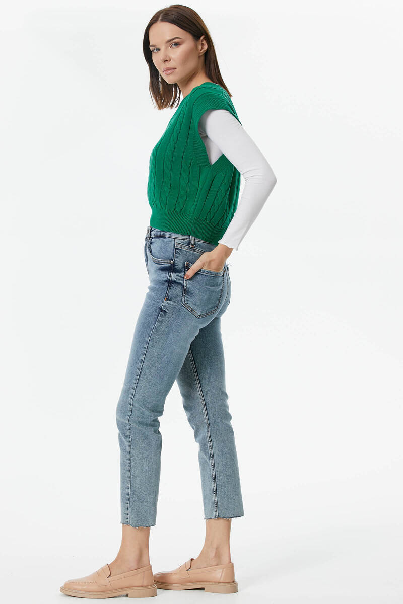 V Yaka Saç Örgülü Triko Süveter - Yeşil (4) Sementa