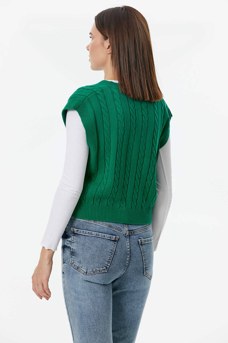 V Yaka Saç Örgülü Triko Süveter - Yeşil (5) Sementa