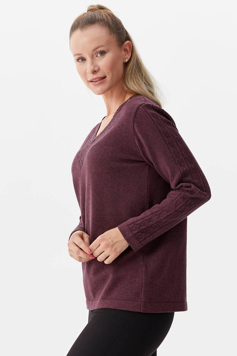 V Yaka Taşlı Triko Kazak - Gül Kurusu (4) Sementa