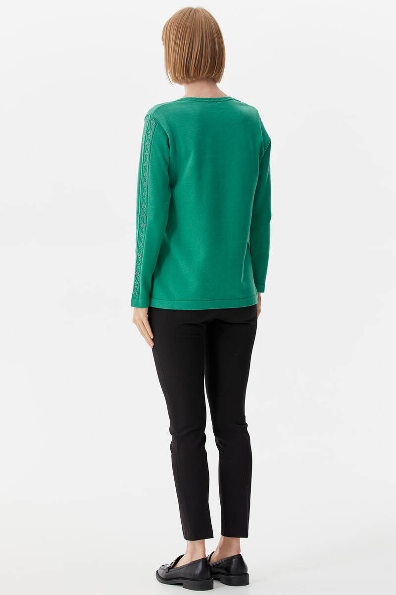 V Yaka Taşlı Triko Kazak - Yeşil (4) Sementa