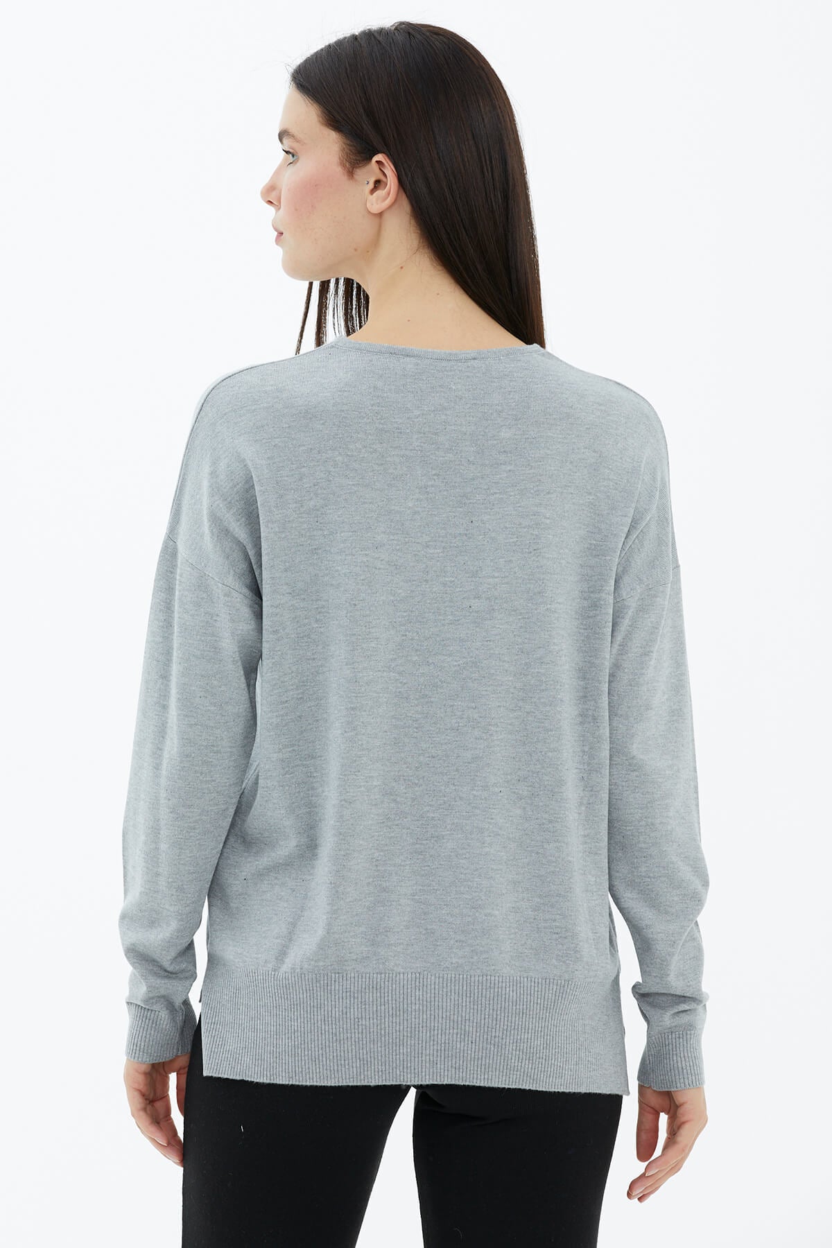 V Yaka Triko Dökümlü Kazak - Gri (5) Sementa