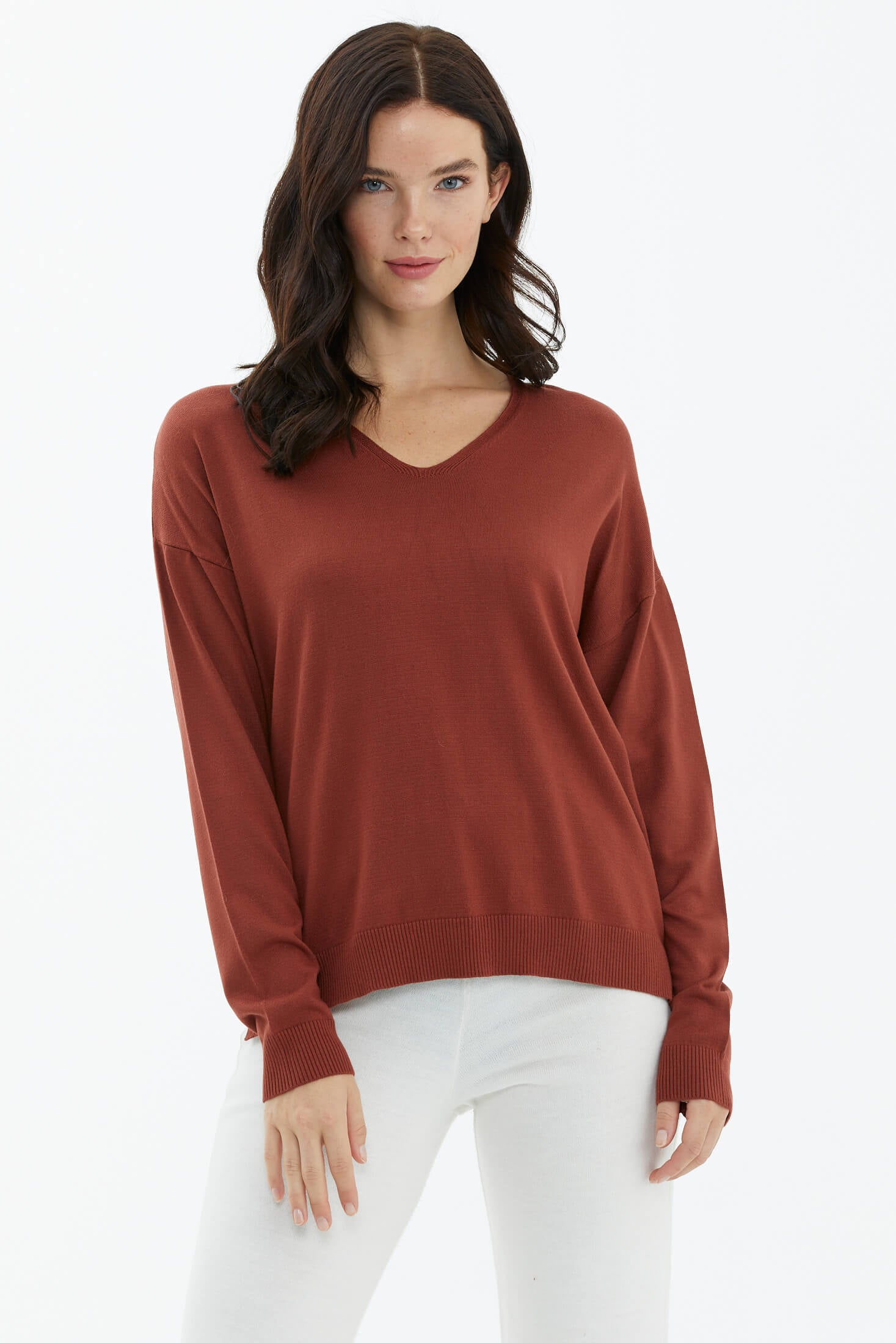 V Yaka Triko Dökümlü Kazak - Kiremit (3) Sementa