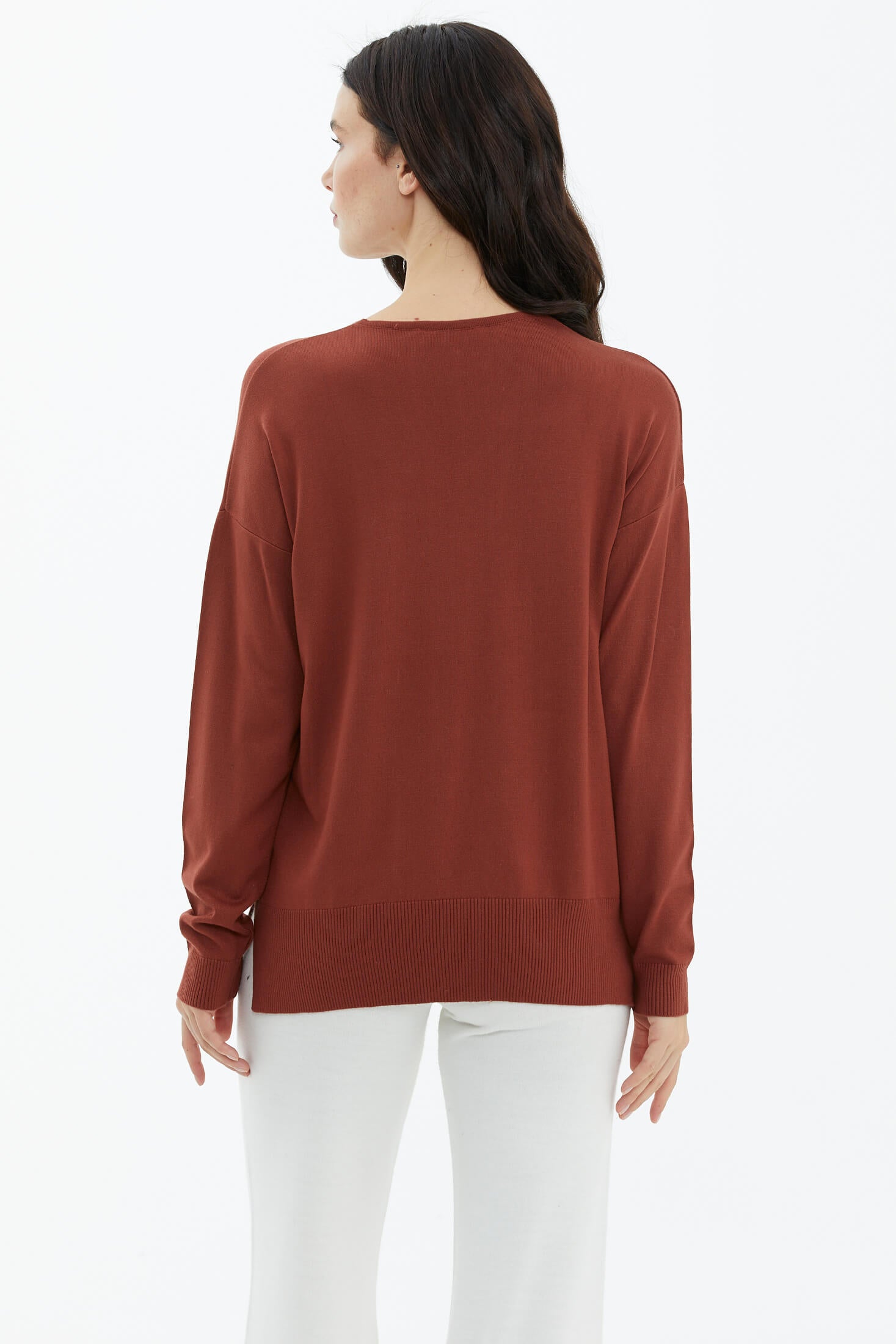 V Yaka Triko Dökümlü Kazak - Kiremit (4) Sementa