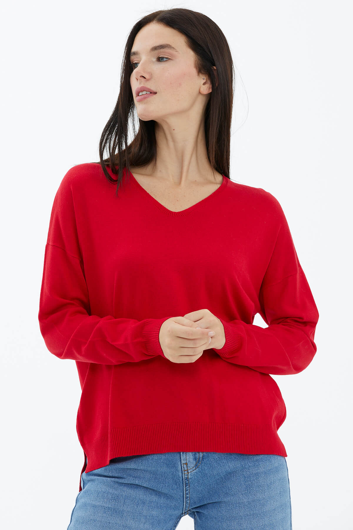 V Yaka Triko Dökümlü Kazak - Kırmızı (3) Sementa