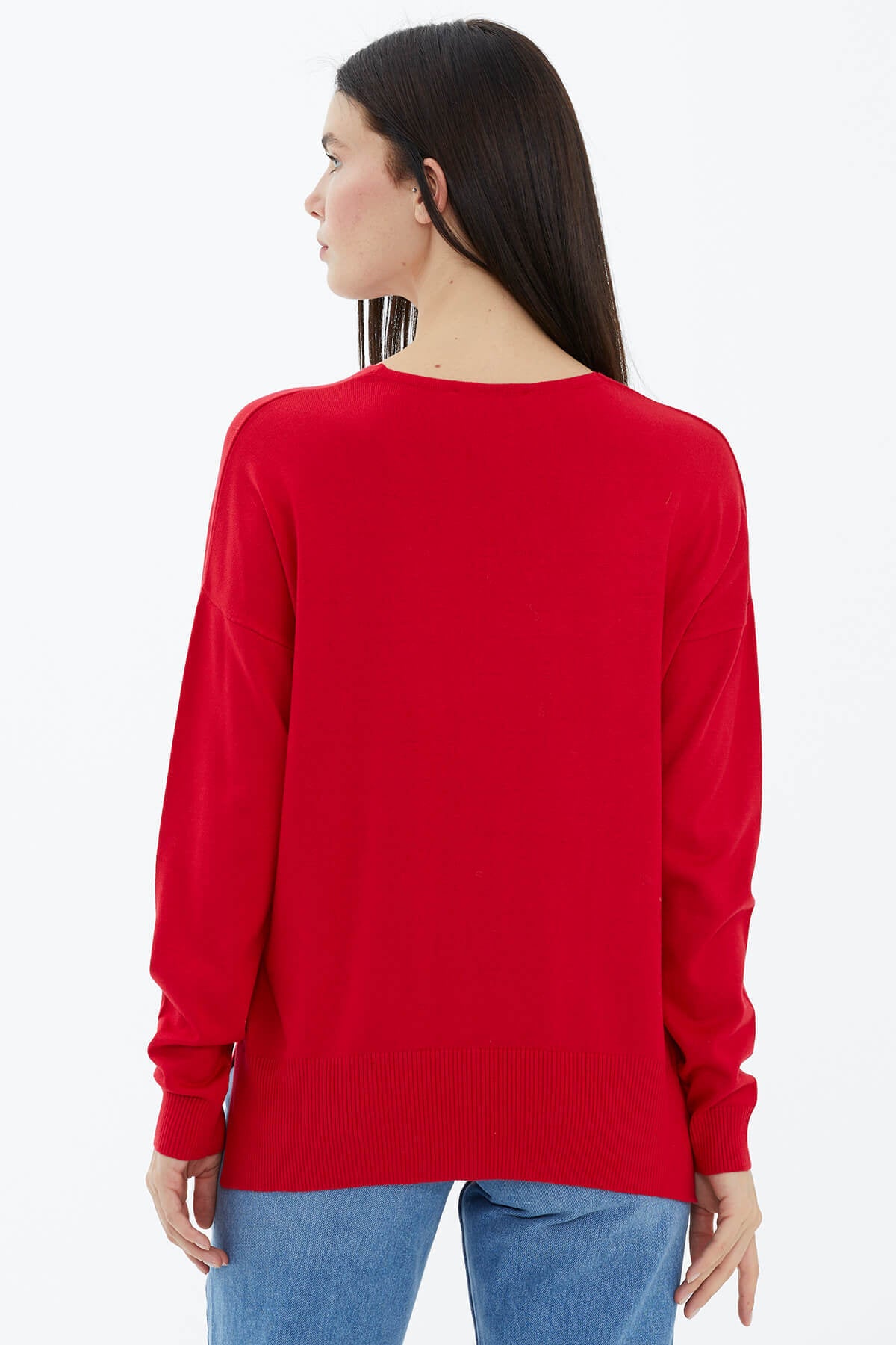 V Yaka Triko Dökümlü Kazak - Kırmızı (4) Sementa