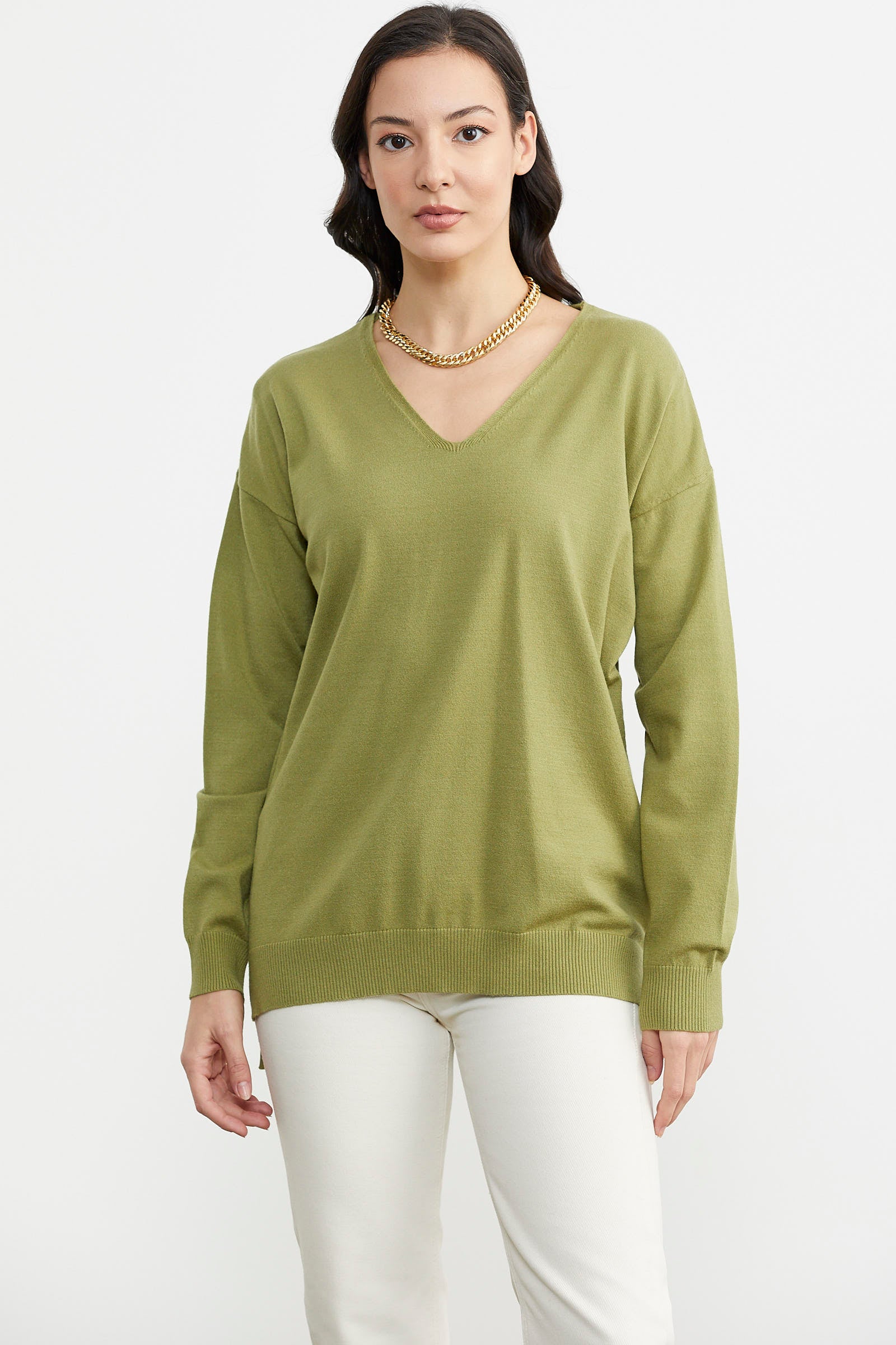 V Yaka Triko Dökümlü Kazak - Yeşil (1) Sementa