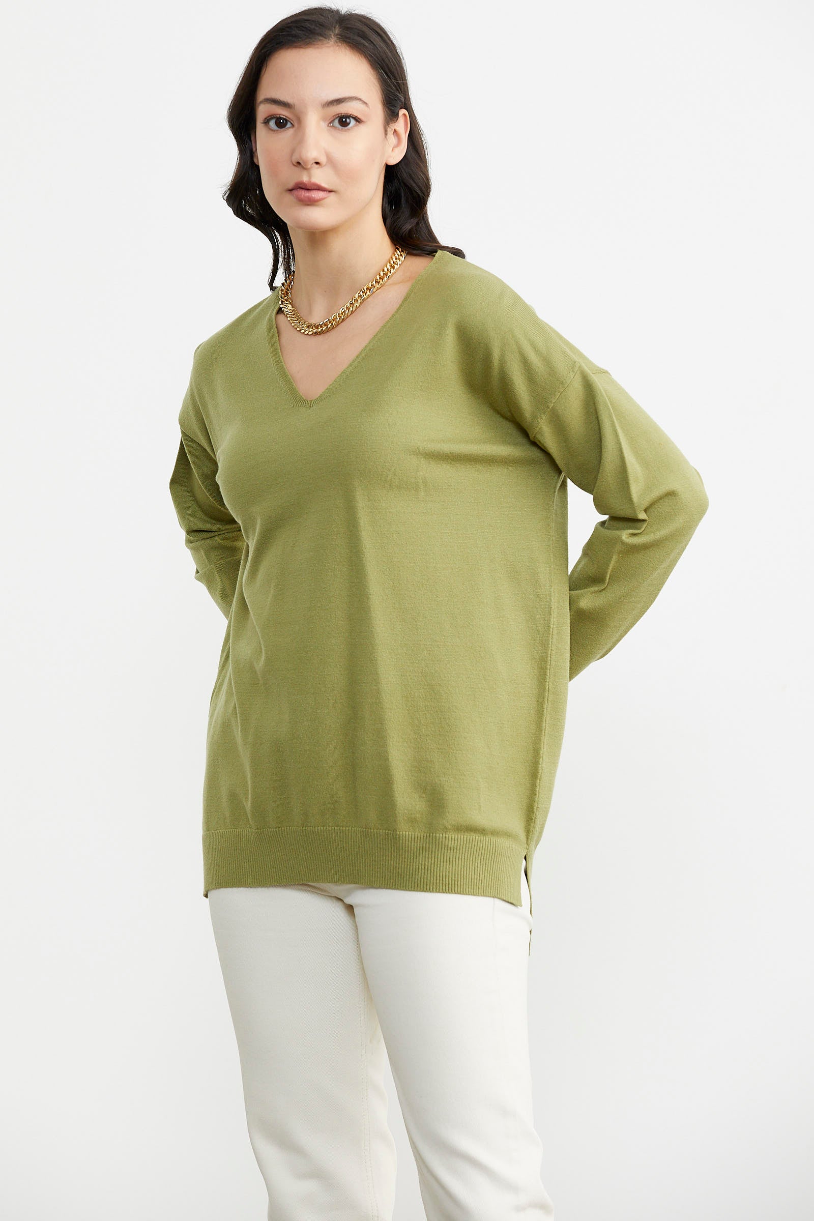 V Yaka Triko Dökümlü Kazak - Yeşil (2) Sementa