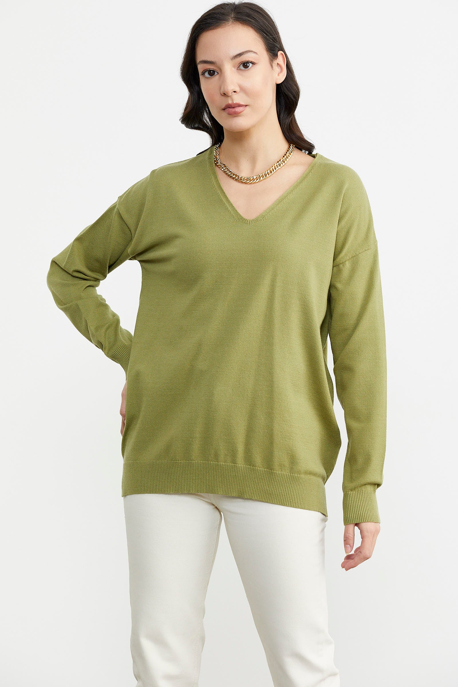 V Yaka Triko Dökümlü Kazak - Yeşil (3) Sementa