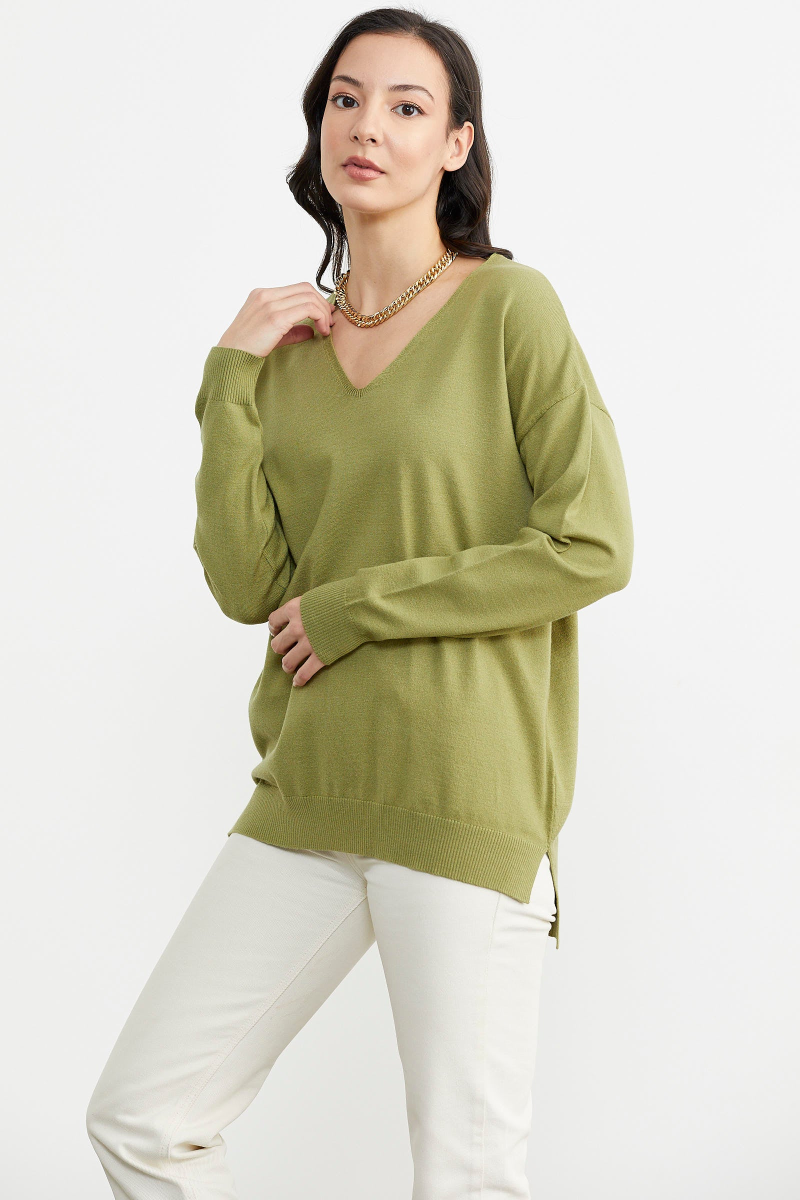 V Yaka Triko Dökümlü Kazak - Yeşil (4) Sementa