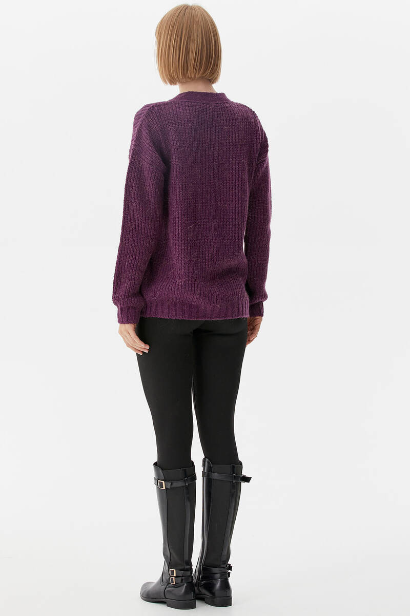 V Yaka Triko Hırka - Mor (5) Sementa