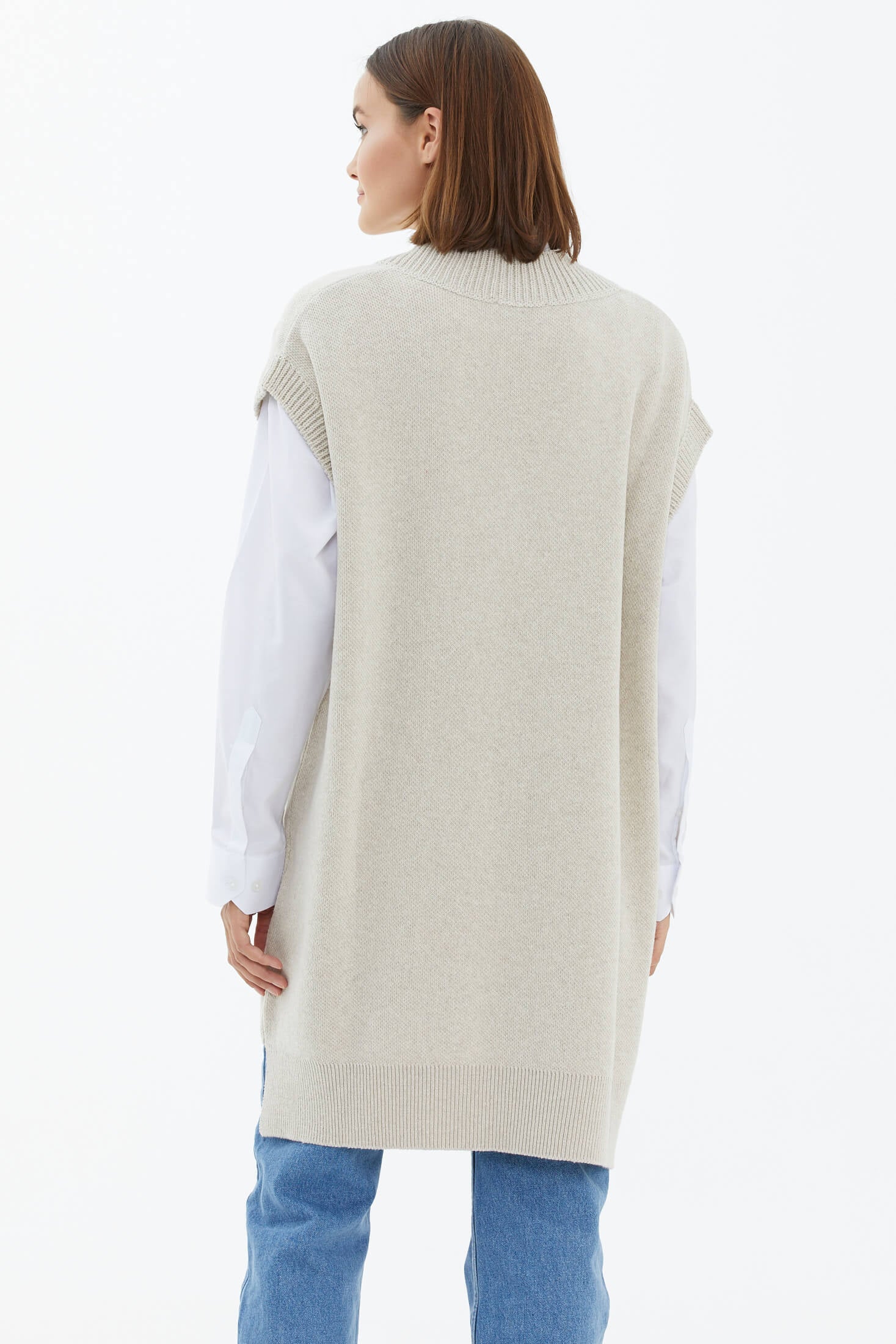 V Yaka Uzun Triko Süveter - Açık Bej (4) Sementa