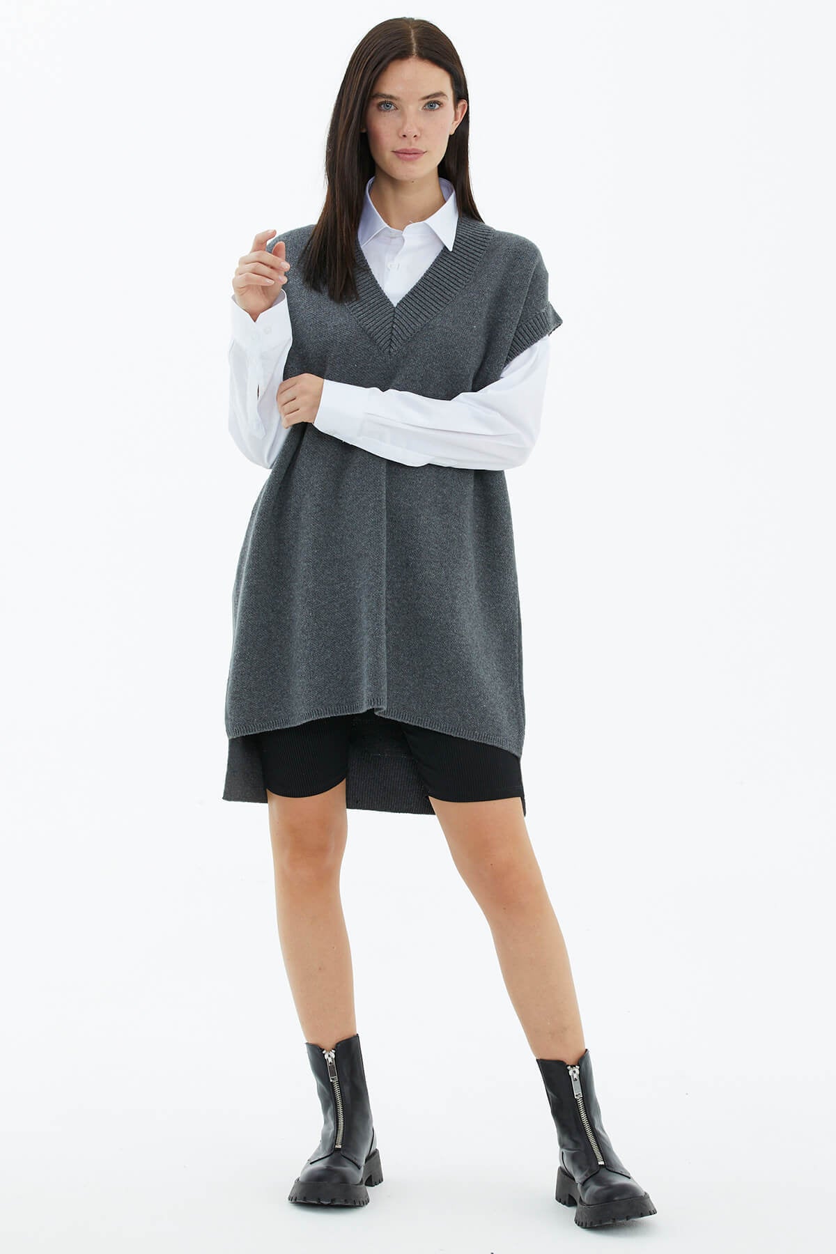 V Yaka Uzun Triko Süveter - Koyu Gri (2) Sementa