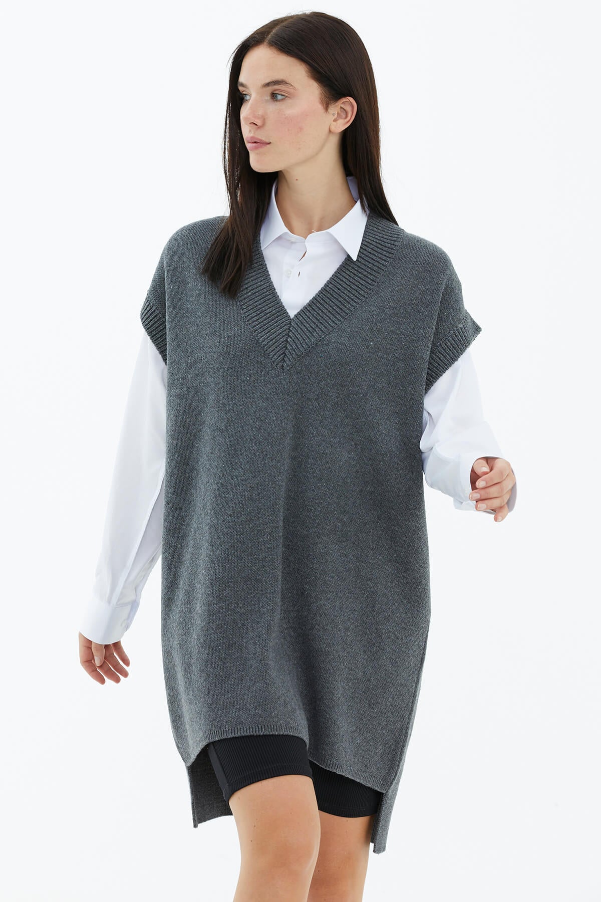 V Yaka Uzun Triko Süveter - Koyu Gri (3) Sementa