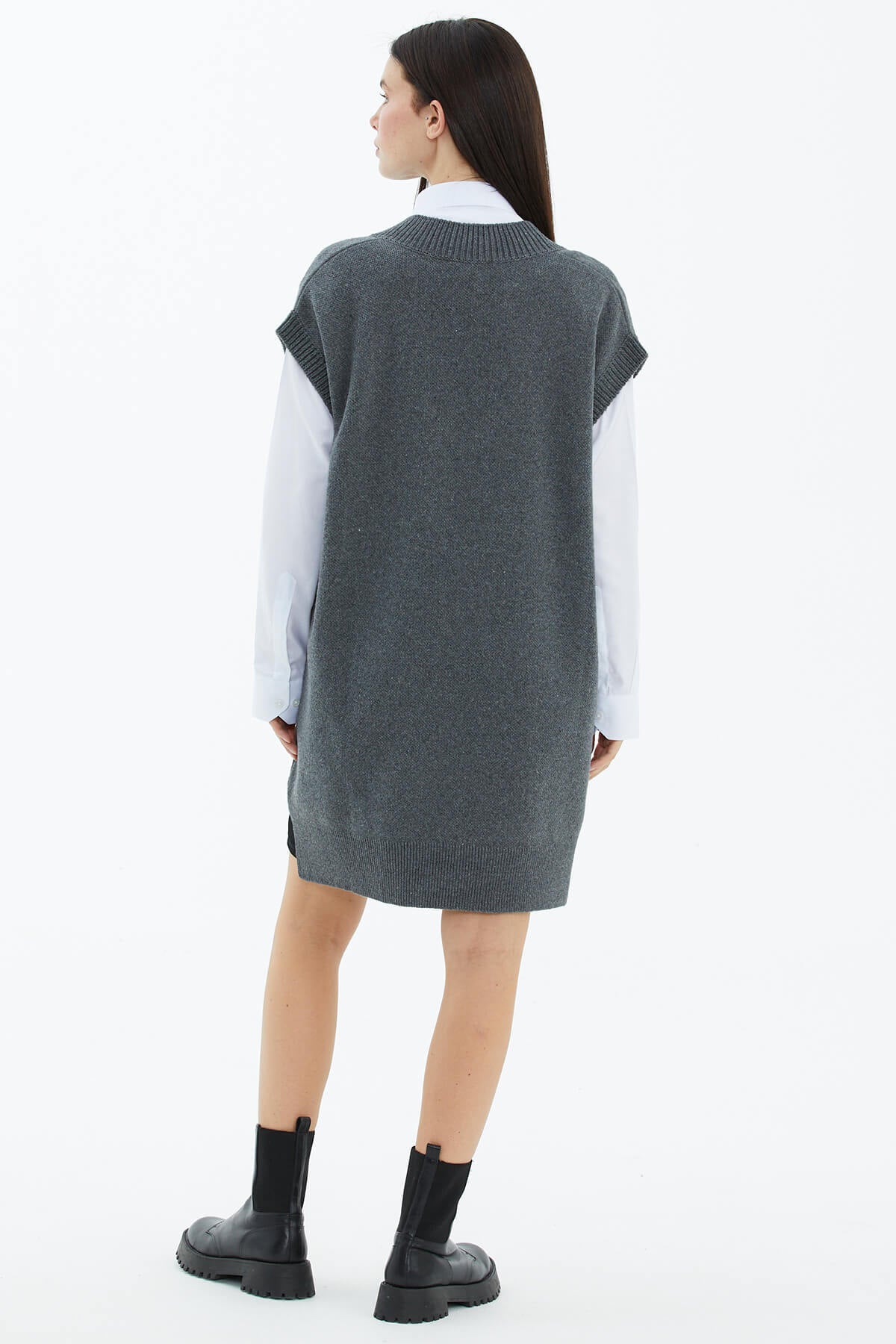 V Yaka Uzun Triko Süveter - Koyu Gri (4) Sementa