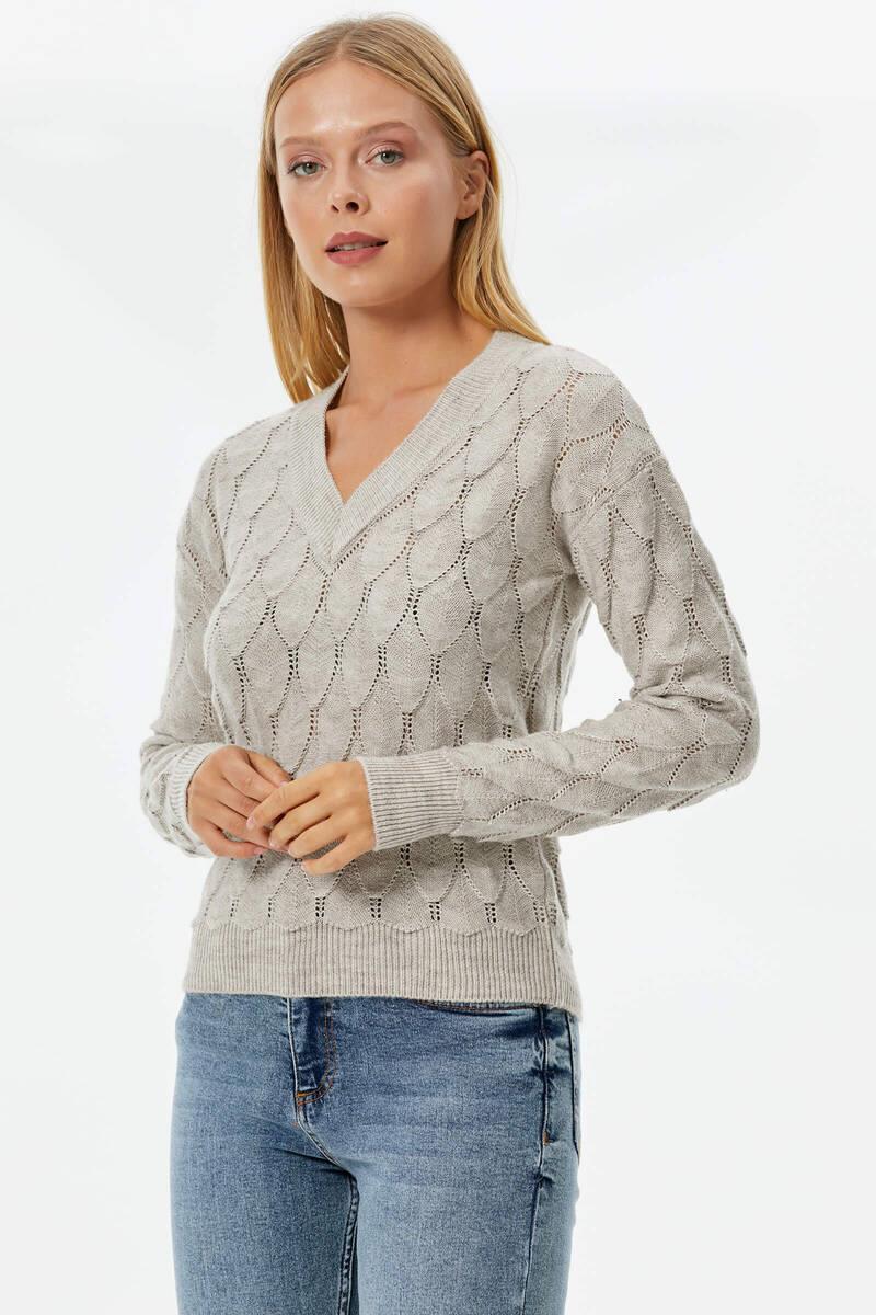 V Yaka Yaprak Desenli Triko Kazak - Açık Bej (3) Sementa