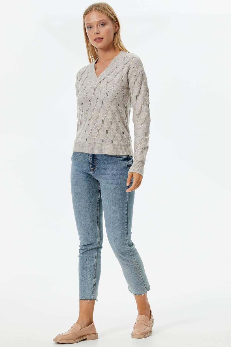 V Yaka Yaprak Desenli Triko Kazak - Açık Bej (4) Sementa