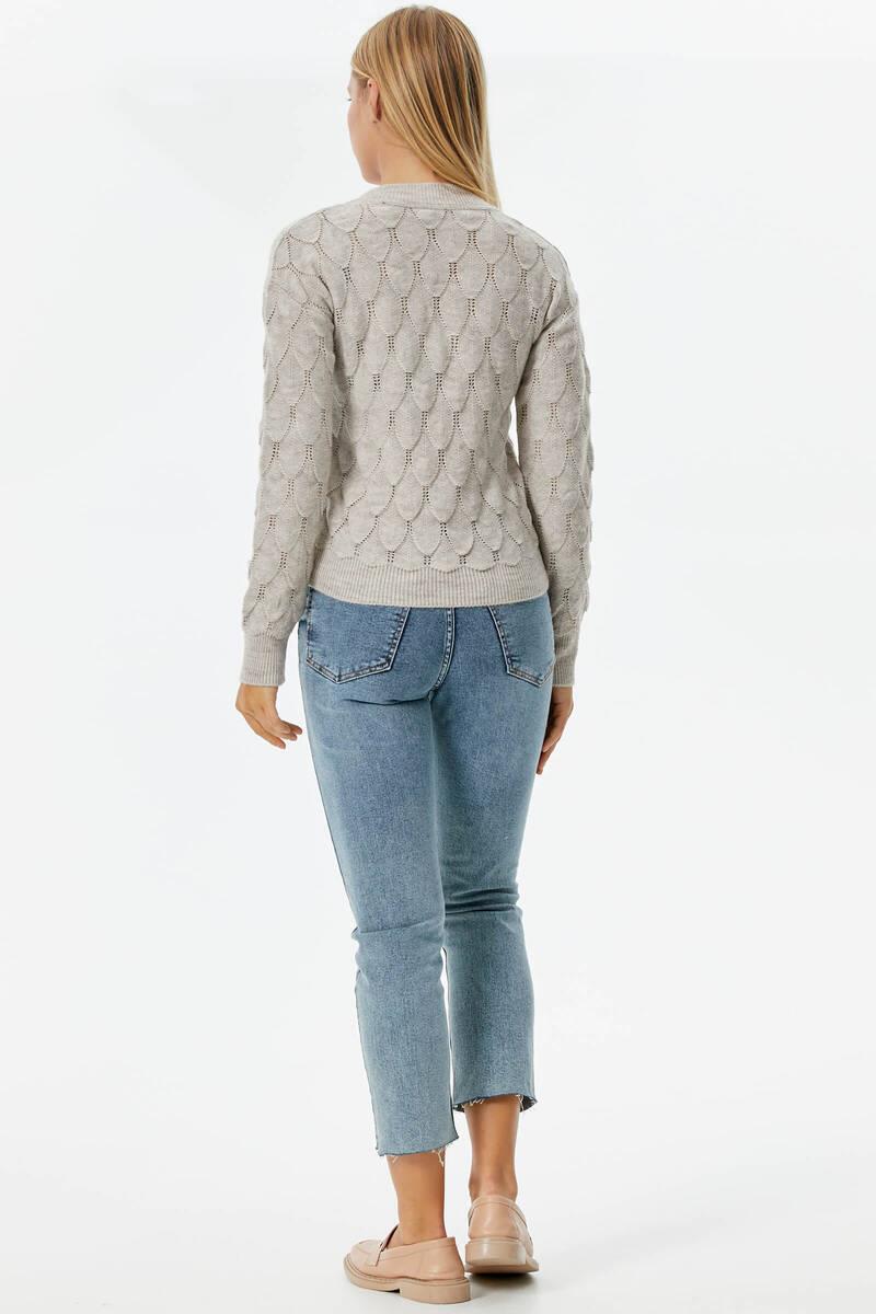 V Yaka Yaprak Desenli Triko Kazak - Açık Bej (5) Sementa