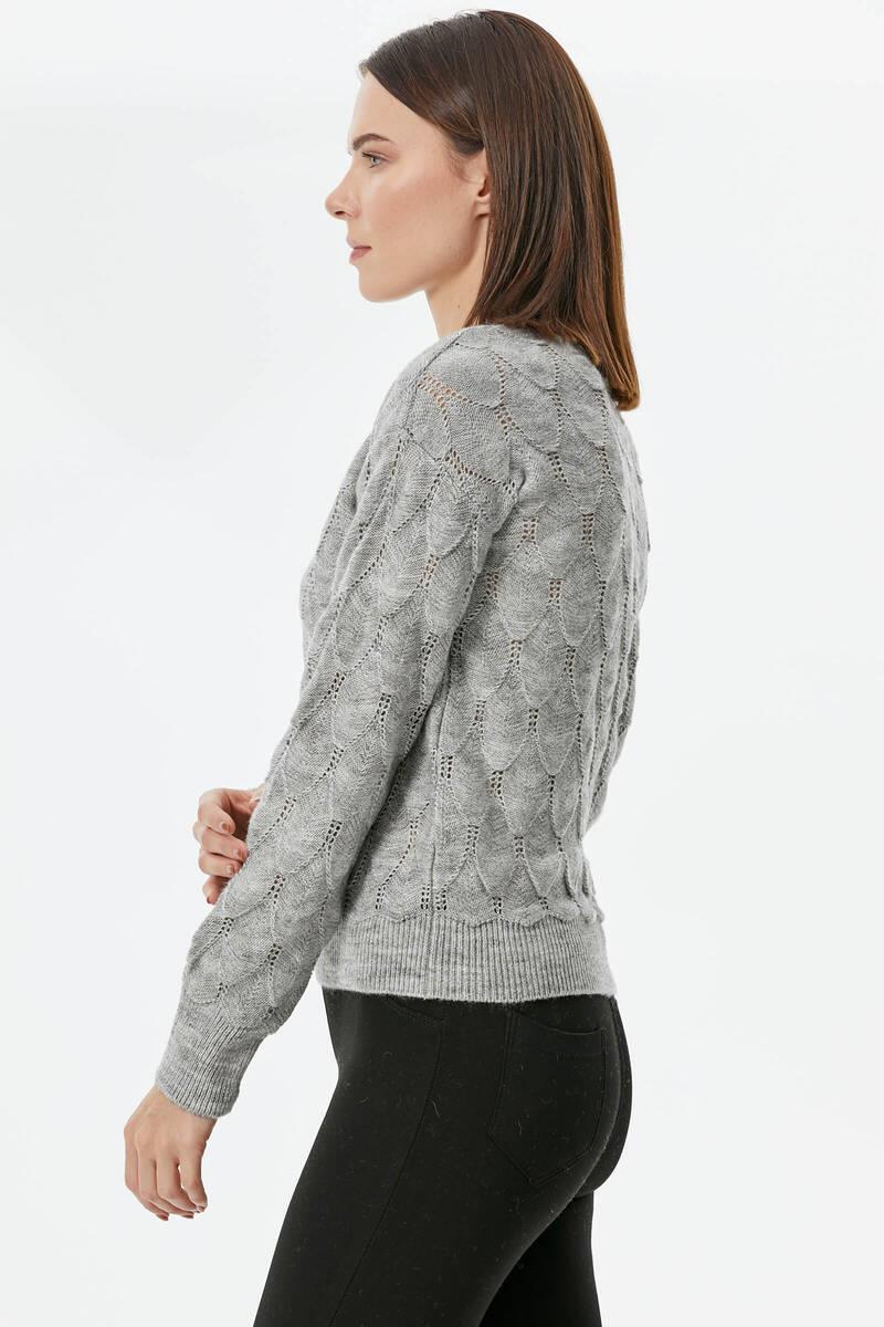 V Yaka Yaprak Desenli Triko Kazak - Açık Gri (5) Sementa