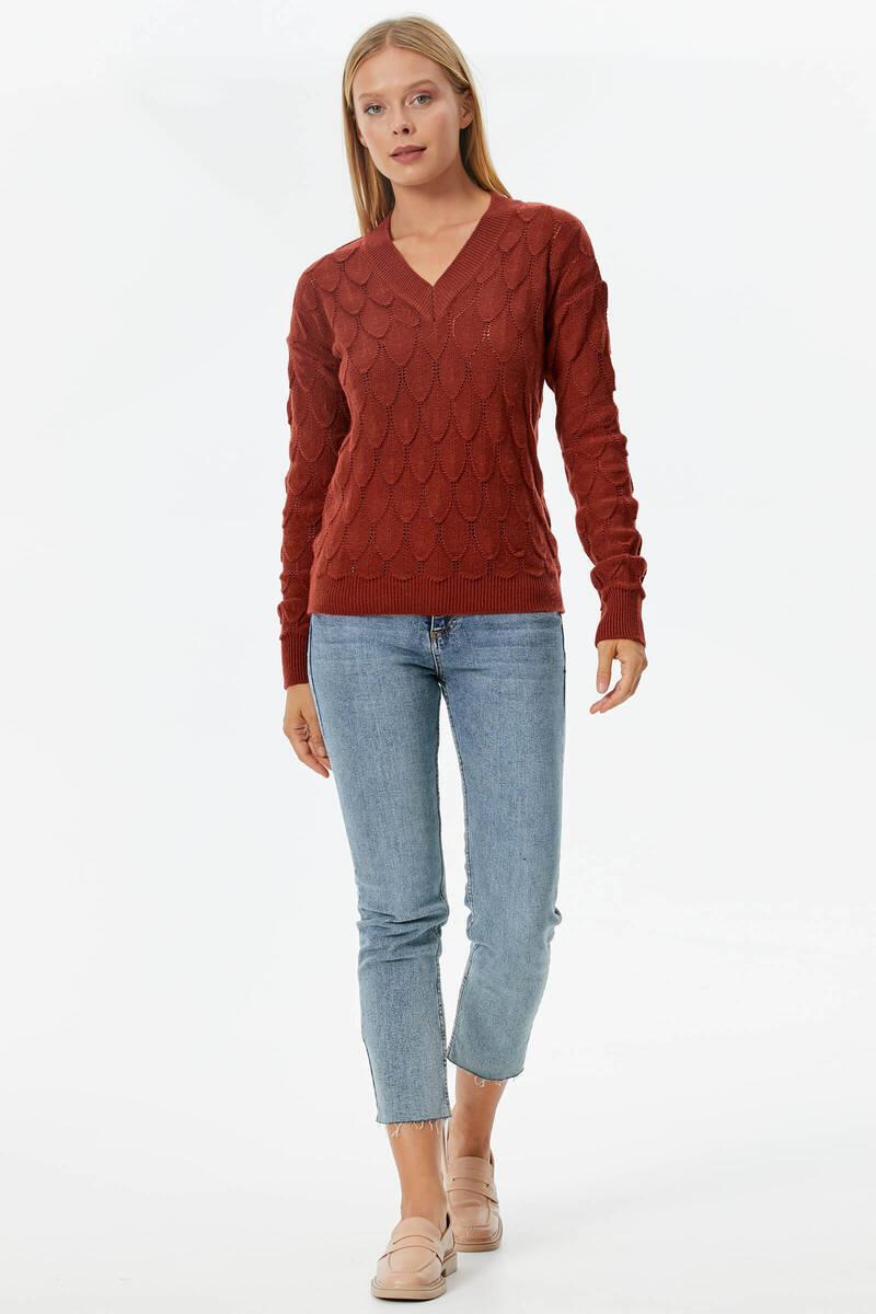 V Yaka Yaprak Desenli Triko Kazak - Koyu Kiremit (1) Sementa