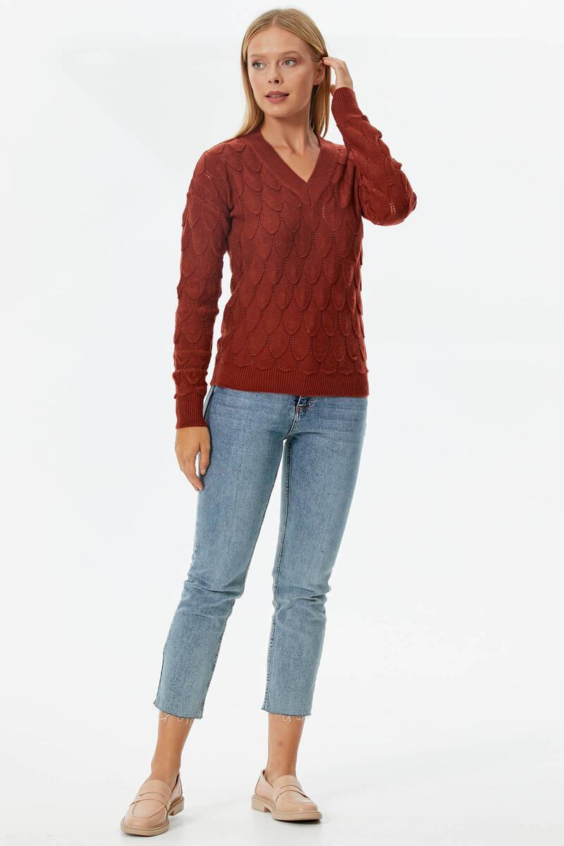 V Yaka Yaprak Desenli Triko Kazak - Koyu Kiremit (2) Sementa