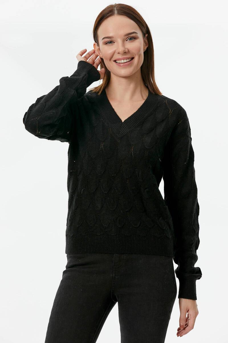 V Yaka Yaprak Desenli Triko Kazak - Siyah (3) Sementa