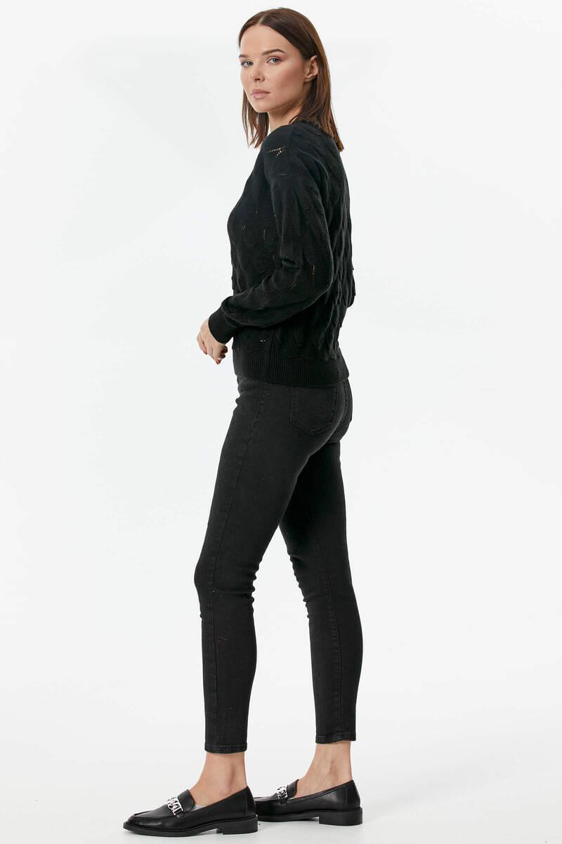 V Yaka Yaprak Desenli Triko Kazak - Siyah (4) Sementa