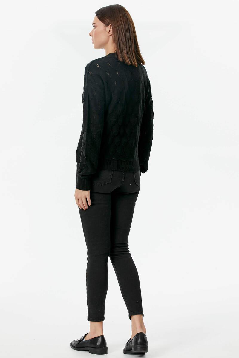 V Yaka Yaprak Desenli Triko Kazak - Siyah (5) Sementa