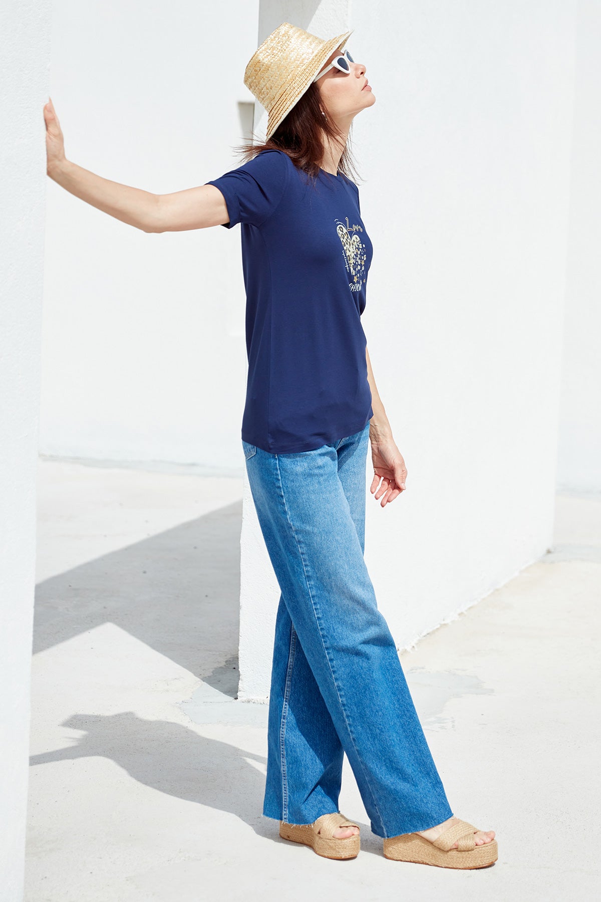 Varak Baskılı Dökümlü Tişört - Lacivert (3) Sementa