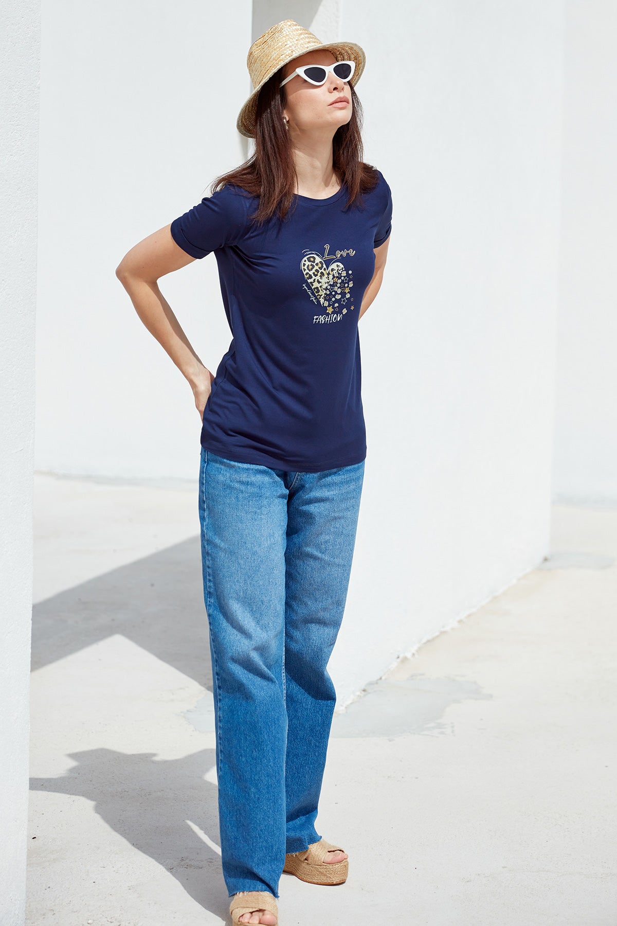 Varak Baskılı Dökümlü Tişört - Lacivert (2) Sementa