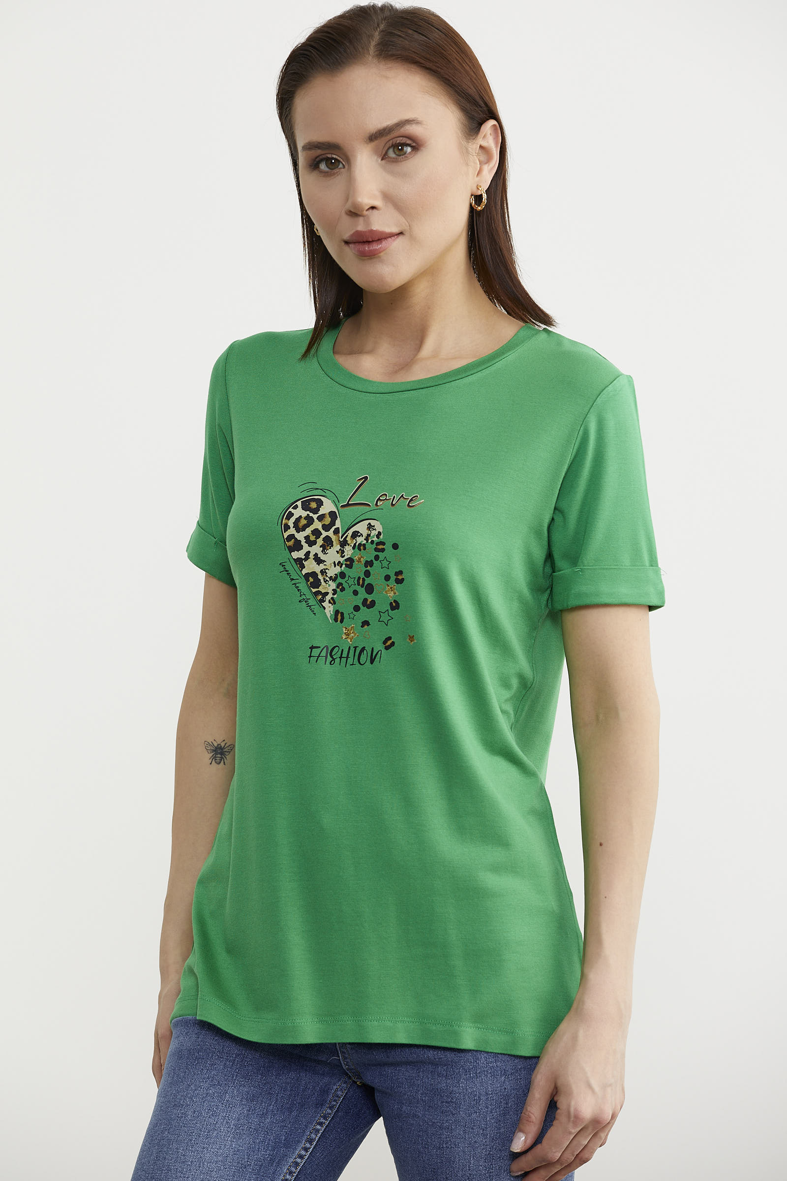 Varak Baskılı Dökümlü Tişört - Yeşil (3) Sementa