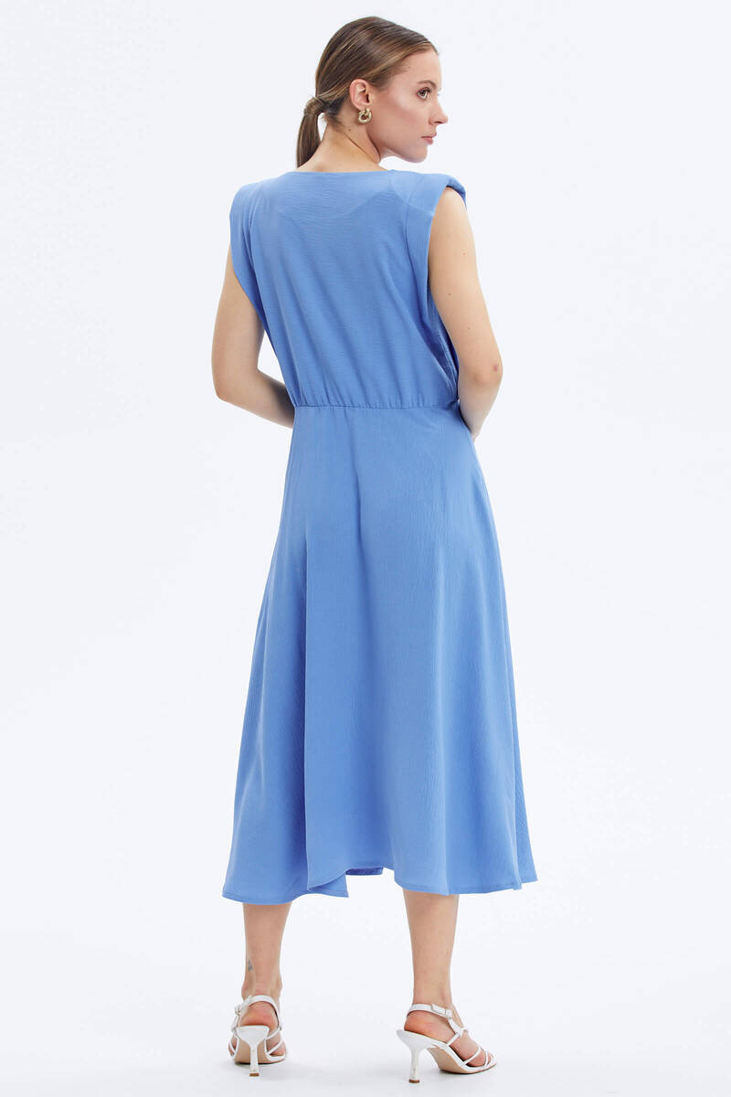 Vatkalı Beli Büzgülü Krep Elbise - Mavi (5) Sementa