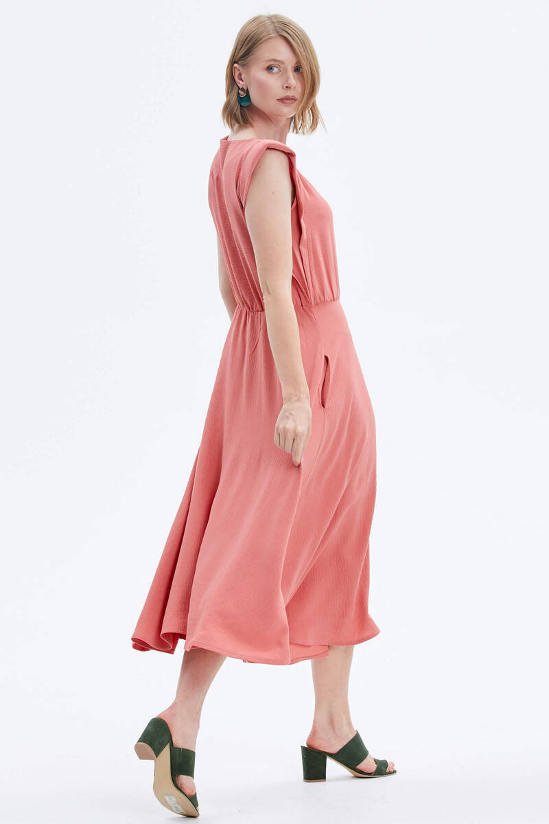 Vatkalı Beli Büzgülü Krep Elbise - Somon (5) Sementa