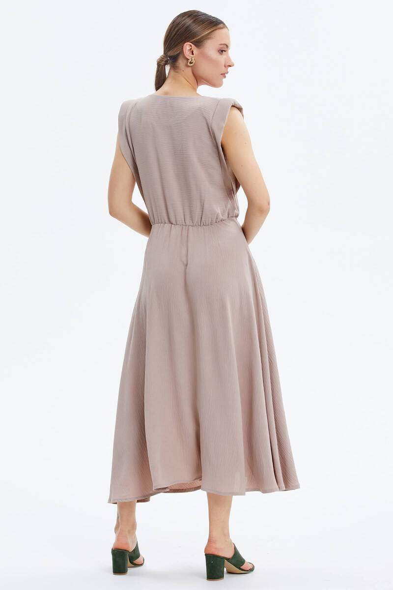 Vatkalı Beli Büzgülü Krep Elbise - Vizon (5) Sementa