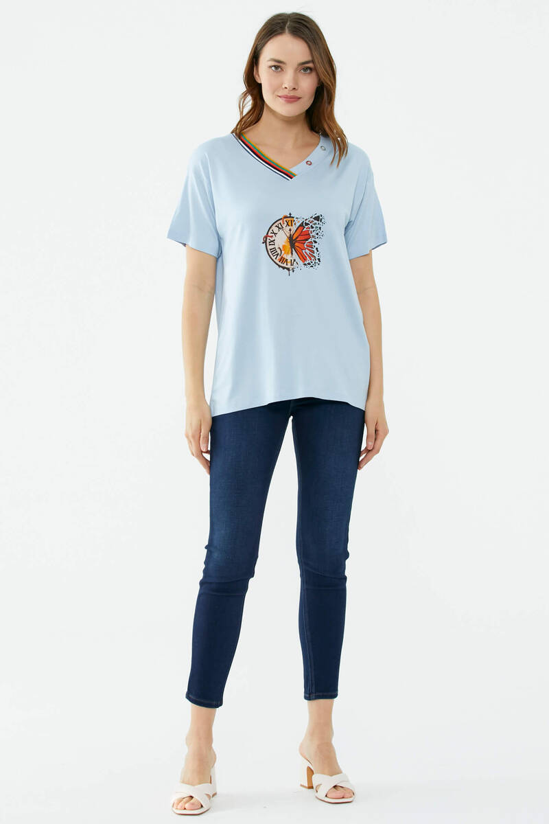 Yaka Detaylı Baskılı Rahat Kalıp Tshirt - Mavi (1) Sementa