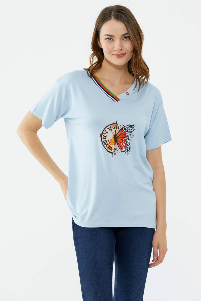 Yaka Detaylı Baskılı Rahat Kalıp Tshirt - Mavi (2) Sementa