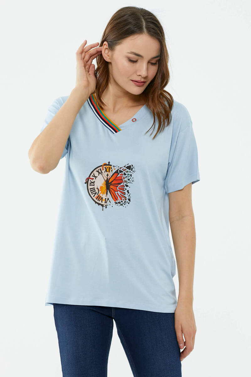 Yaka Detaylı Baskılı Rahat Kalıp Tshirt - Mavi (3) Sementa
