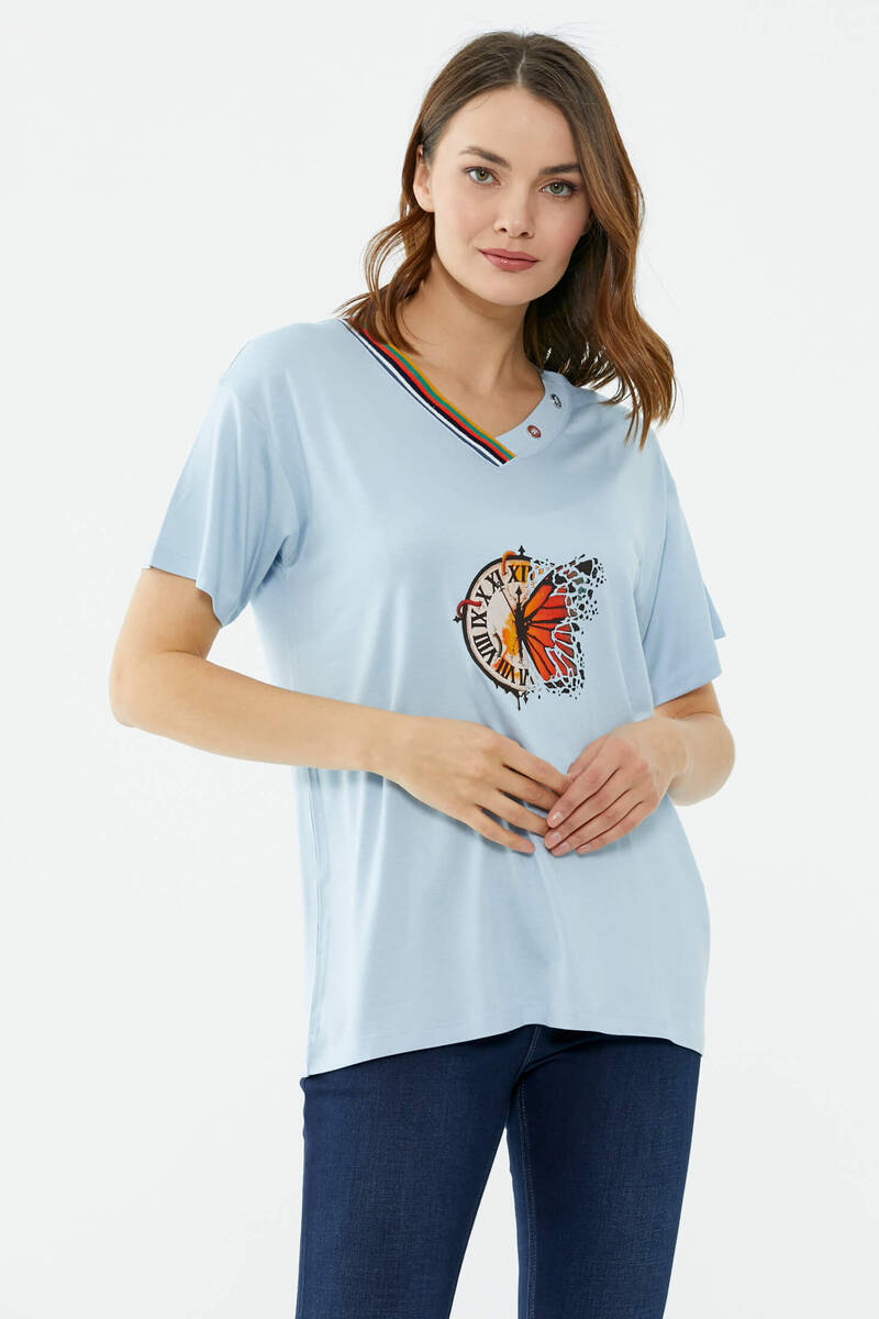 Yaka Detaylı Baskılı Rahat Kalıp Tshirt - Mavi (4) Sementa