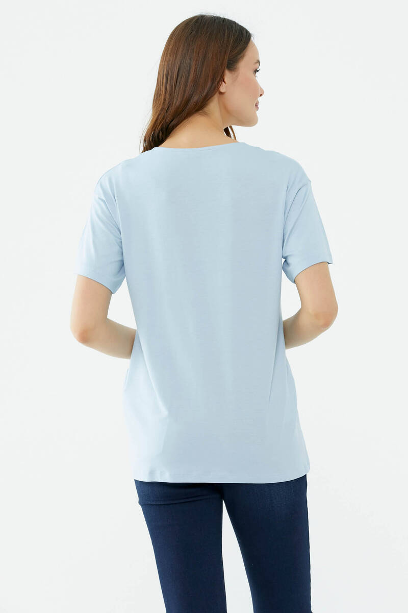 Yaka Detaylı Baskılı Rahat Kalıp Tshirt - Mavi (5) Sementa