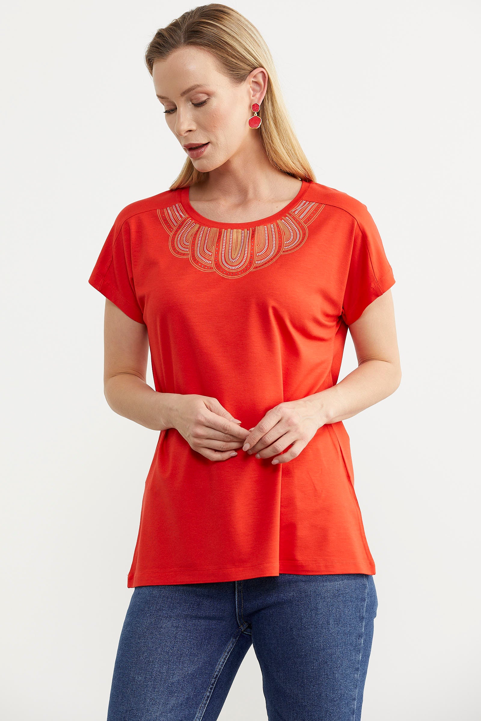 Yaka Detaylı Dökümlü Penye Tişört - Mercan (2) Sementa